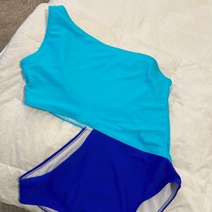 Shein one shoulder blue and teal one piece bathing suit